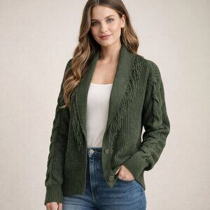 Witty Fox Olive Green Chunky Knit Fringe Cardigan Cable Sleeve L NWT